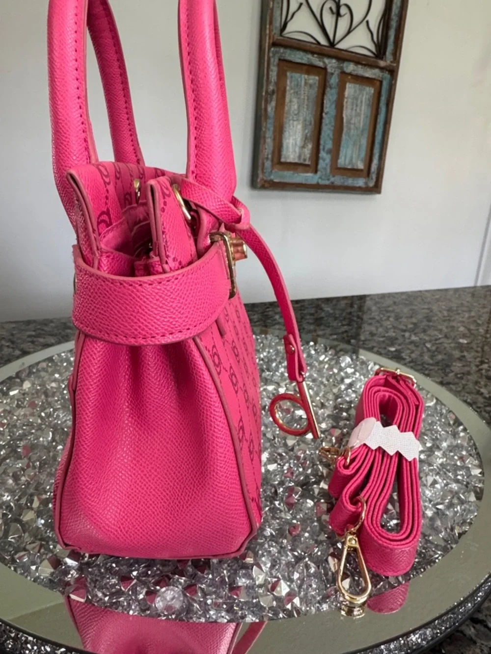 bebe Hot Pink Logo small Satchel with Gold-Tone Hardware and crossbody strap - Picture 8 of 16
